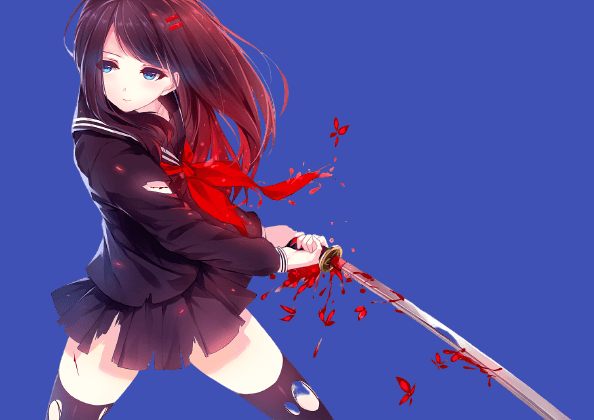 female anime character with a bloody sword